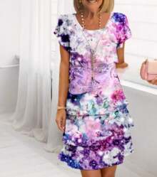 Vestido de gasa de primavera con estampado 3D de manga corta y cuello redondo de , estilo europeo y americano. - flores blanquecinas - Ver 7