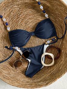 Bikinx Women's Back Tie Bikini Set, Bohemian Style Contrast Color Beaded Shoulder Straps, Suitable For Beach Vacation Summer - Royal Blue - View 3