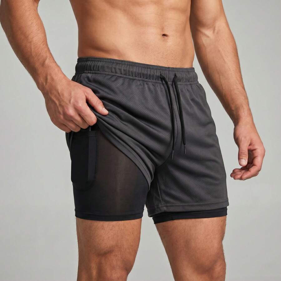 2-In-1 Double Sports Dry Fit Shorts With Pocket Gym Shorts Sports Shorts - Dark Grey - View 1