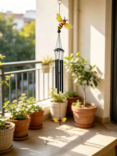 Metal Bee Wind Chime With 4 Metal Tubes, 35 Inch Hanging Ornament Pendant For Garden Patio Balcony Window Yard, Indoor Outdoor Home Garden Decor, Perfect Birthday Holiday Housewarming Gift For Women Mom