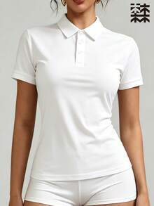mulinsen 女款運動 Polo 衫 T-shirt，純色休閒薄款短袖上衣，輕量冰絲透氣翻領短袖，時尚鈕扣領設計，適合戶外休閒、女款高爾夫服飾、網球穿著、馬術騎乘上衣 - 月光白 - 查看 2