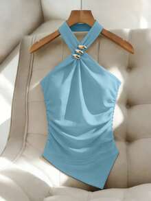 Top corto sin mangas decorado con metal negro, top de punto ajustado de verano informal con bajo asimétrico RR0K - Azul - Ver 1