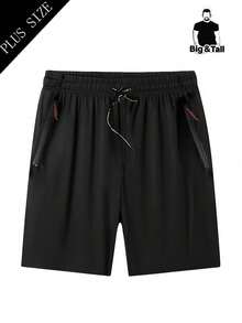 Pantalones cortos para hombre de talla grande, pantalones de pierna recta elástica de 5 pulgadas para verano, unicolor, bolsillos con cremallera, cordón, ligeros, deportes, correr, fitness - Negro - Ver 3