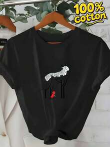 Unisex Cotton Crew Neck T-Shirt, Chic Print Short Sleeve Top, Soft Breathable Casual Summer Tee For Men Women Daily Wear - Black - View 1