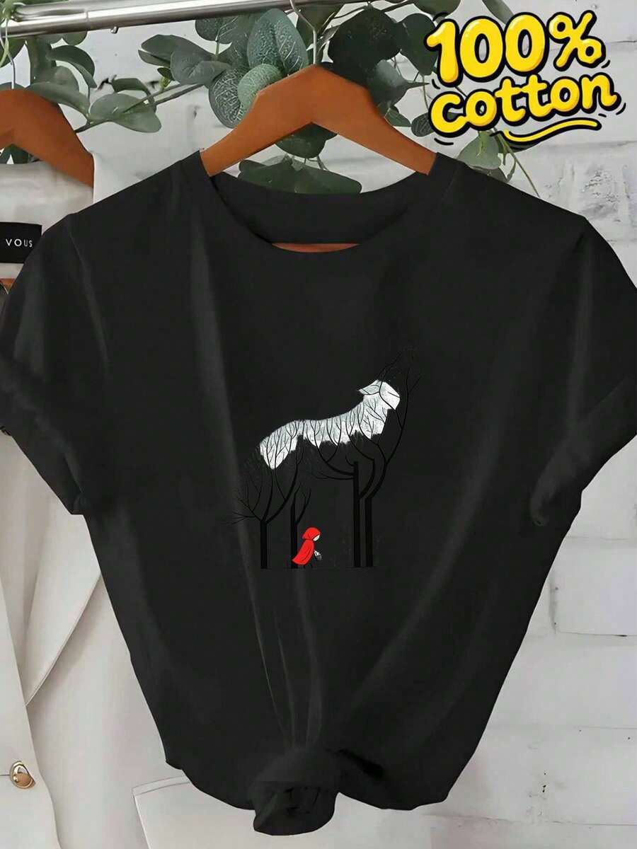 Unisex Cotton Crew Neck T-Shirt, Chic Print Short Sleeve Top, Soft Breathable Casual Summer Tee For Men Women Daily Wear - Black - View 1
