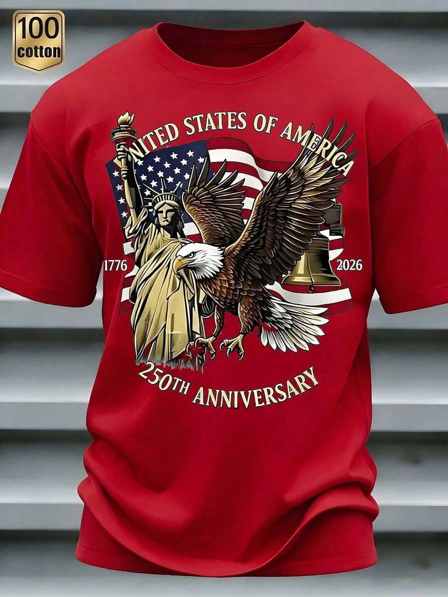 Men's 100% Cotton Patriotic Graphic T-Shirt - 250th Anniversary Of The United States Semi-Quincecentennial T-Shirt, Vintage Print Of The American Flag, Eagle And The E - 灰色 - 查看 1