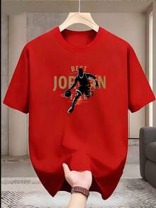 Men's Crew Neck T-Shirt, Casual And Fashionable, With Basketball Player Dribbling Silhouette With Flames, "Best Ever" Letter Print, Men's Fashion, For Adult Men - 紅色 - 查看 1