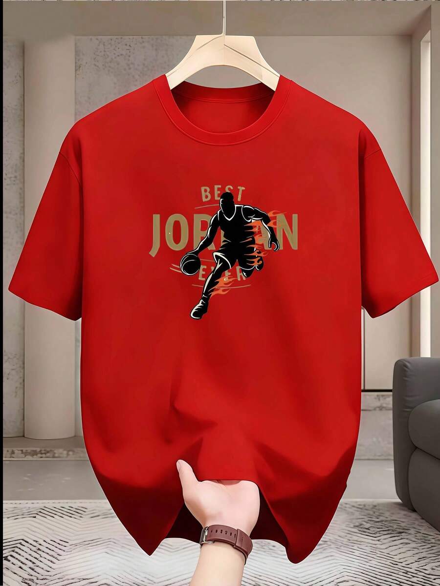 Men's Crew Neck T-Shirt, Casual And Fashionable, With Basketball Player Dribbling Silhouette With Flames, "Best Ever" Letter Print, Men's Fashion, For Adult Men - 紅色 - 查看 1