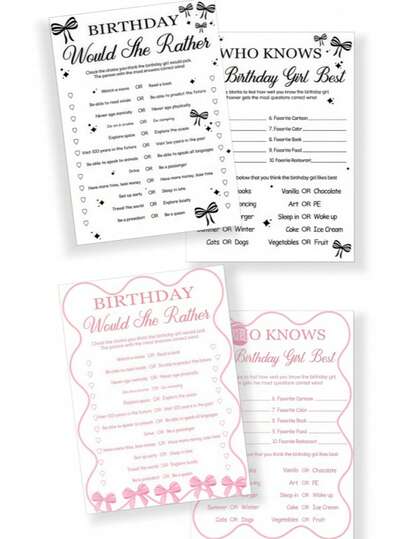 20pcs Cute Bow Themed Birthday Party Game Cards Set, 2 Fun Games "Which Will She Choose" & "Who Knows The Birthday Girl Best", Suitable For Sweet 16 Birthday, Pajama Party And Celebration Events