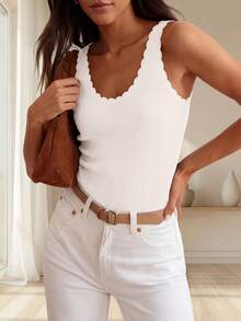 Camiseta sin mangas de verano para mujer con cuello en V, volantes, de punto acanalado, ligera y casual para salir - Blanco - Ver 3