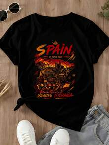 T-Shirt Top Spain La Furia Roja Vamos España Football Fan Wear For Men Women Casual Outfit Blouses For Ladies Casual - 黑色 - 查看 2