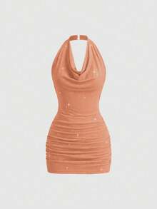 Petite Vestido mini de fiesta ajustado de punto con cuello alto, sin espalda y lentejuelas para mujer - Naranja - Ver 1