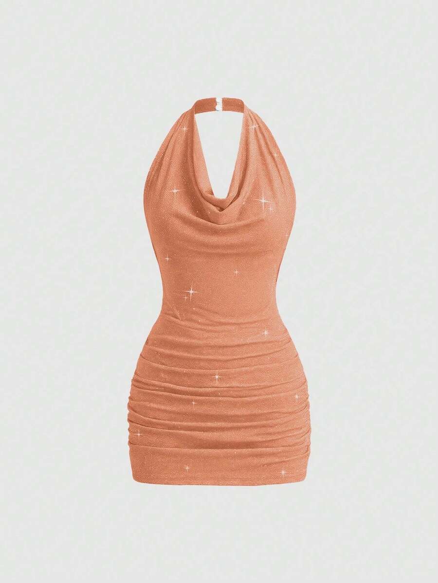 Petite Vestido mini de fiesta ajustado de punto con cuello alto, sin espalda y lentejuelas para mujer - Naranja - Ver 1