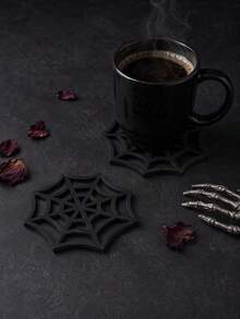 Halloween Spider Web Wooden Coaster, Creative Hollow Desktop Decoration, Gothic Style Personalized Pot Holder, Suitable For Party, Wedding, Birthday, Holiday, Home Decor - Black - View 7