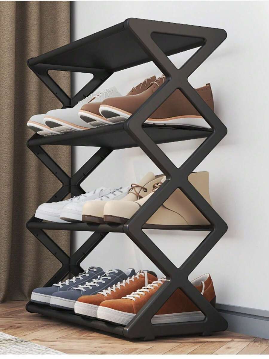 4-Tier Z-Shaped Plastic Floor Storage Rack, Multi-Functional Large Capacity Storage Shelf, Easy Assembly Floor Storage Rack, Stackable, Suitable For Hallway, Closet, Living Room, Bedroom, Dorm - Multicolor - View 1