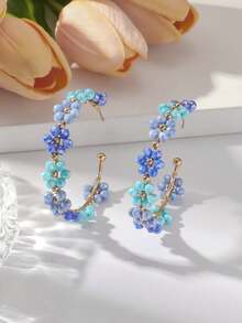 Pair Fashionable Exaggerated Colorful Floral Hoop Earrings For Women, Luxury Delicate Crystal Flower-Shape Earrings, Suitable For Daily, Vacation, Party Wear (Handmade Beads Color And Me - Azul - Ver 5