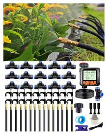 Drip Irrigation System - 360° Adjustable Micro Sprinkler Kit, Easy Tool-Free Installation, Fine Mist Spray For Potted Garden Plants, Greenhouse - 20米長 + 15個噴霧噴嘴 + 定時器 - 查看 1