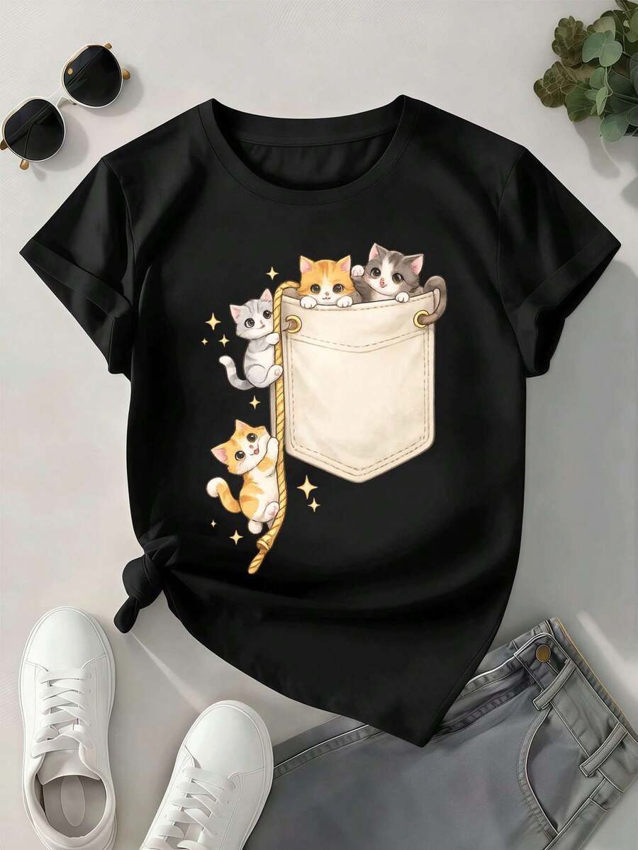 Camiseta con estampado de lindos gatos de bolsillo para oto?o, 100% algodón, corte holgado, estilo hip-hop urbano, transpirable. - Negro - Ver 1