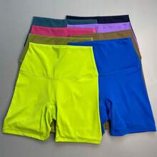 Solid Color Women's Fitness Sports Shorts High Waist Yoga Leg Shorts Cycling Full Body Workout Jog Squat Proof Inner Pocket - 亮橙色 - 查看 2