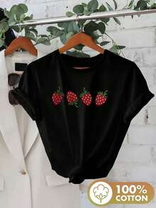 Vintage Short-Sleeved Shirt With A Round Neckline And Hand-Drawn Strawberry Pattern - Velvet Willowsummer Tops - 黑色 - 查看 1
