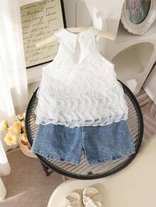2pcs Setelan Anak Perempuan Gaya Putri Manis dengan Hiasan Pita Besar 3D, Atasan Tank Tanpa Lengan Model Halter Jala & Celana Pendek Denim Pinggang Elastis Berhiaskan Manik-manik dan Bunga, Musim Panas - Putih - View 2