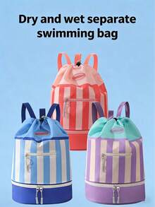 Large Capacity Wet & Dry Swim Bag, Bottom Zipper Shoe Compartment, Waterproof Striped Beach Bag, Unisex, Durable Drawstring Travel Storage Bag, Suitable For Water Sports, Vacation, Fitness, Camping, Pool, Gym Travel Essentials - Multicolor - View 2