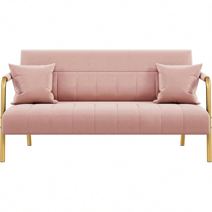 - Sofá moderno de 143.5 cm de ancho, sofá pequeño de tela de terciopelo con brazos y patas de metal dorado para sala de estar, oficina en casa, estudio rosa - Gris,claro - Ver 1