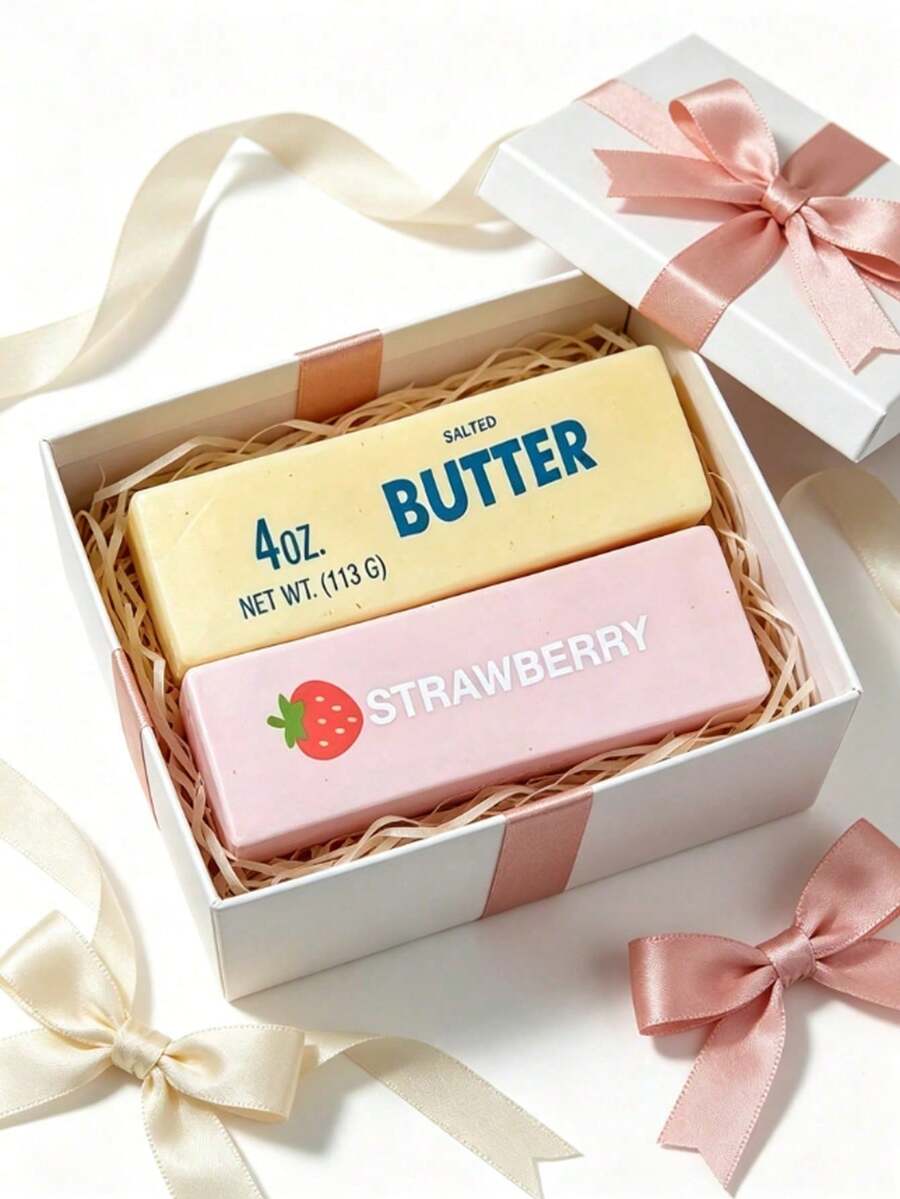2pcs Soft Compressed Strip Foam Toys, Butter And Strawberry Scented, Food-Shaped Stress Relief Toys, Perfect For Party Favors, Anxiety Relief, Multiple Styles Available, Suitable For Stress Relief And Holiday Gifts, Butter Candy, Squishy - Multicolor - View 1