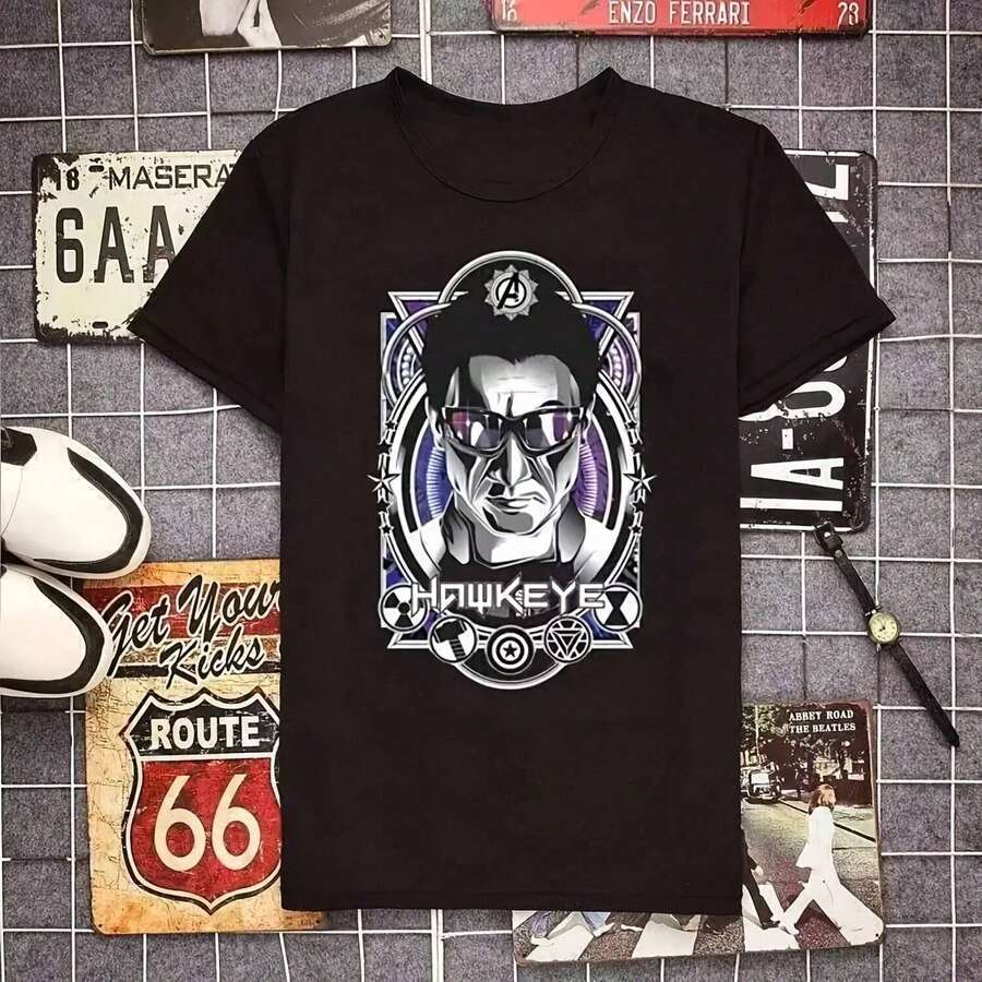 Graphic T-Shirt With Geometric Archer Hero Print, Short Sleeve, Round Neck, Youth Fashion, Streetwear Style, Japanese Sporty Aesthetic Y2K Urban Women's Clothing - 黑色 - 查看 1