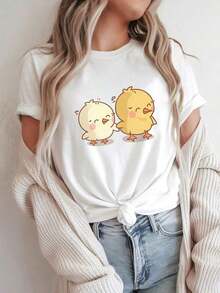 Remera Oversize Estampado Pollitos Kawaii Manga Corta Cuello Redondo Estilo Japonés Urbano Moda Streetwear Blusa Verano - Blanco - Ver 1