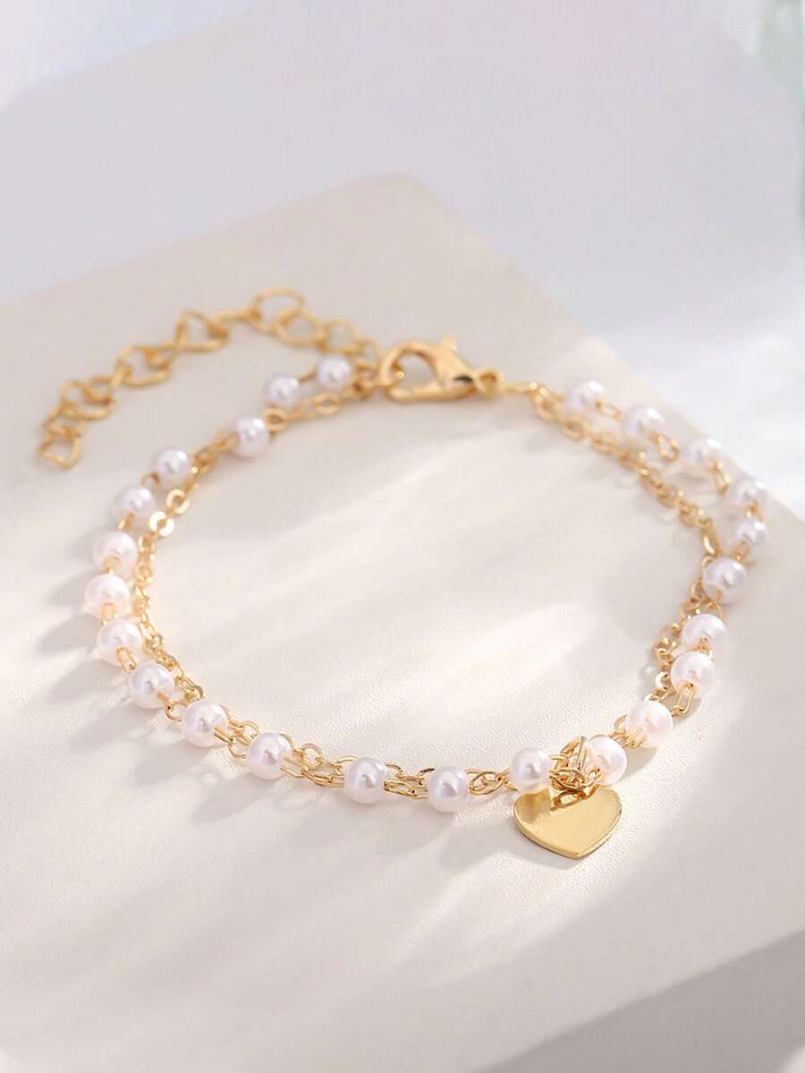 1pc Fashionable Minimalist Faux Pearl Heart Pendant Bracelet, Versatile Accessory For Girls, Party And Daily Wear - one-size - View 1