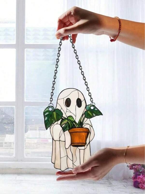 1 pieza Decoración de fantasma y planta linda, decoración de ventana de acrílico colorido, atrapaluz gótico, decoración del hogar de terror, decoración de ventana de Halloween, estética de casa embrujada, para el hogar, dormitorio, sala de estar, regalo de Halloween, decoración de pared, decoración de habitación