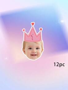 8/12/16pcs Custom Kid Photo And Text 1st Birthday Banner, Pink Blue Beige Crown Number Photo Banner, Customizable Kids First Birthday Party Banner - Multicolor - View 11