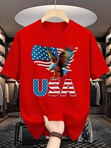 Camiseta Deportiva para Hombre con Diseño de la Bandera de EE.UU.y Águila Calva - Camiseta Patriótica de Manga Corta de Algodón para el 4 de Julio con Patrón de EE.UU., Cuello Redondo Casual - Negro - Ver 1