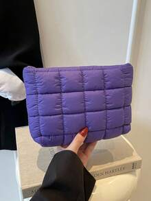 Bolsa de maquillaje con patrón de cuadrícula de moda, embrague casual, bolsa acolchada y cálida con costura elástica, organizador de maquillaje, bolsa de maquillaje pequeña y acogedora para - Morado - Ver 3