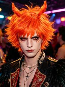 Peluca sintética naranja vibrante, corta, esponjosa, con capas, recta, despeinada y puntiaguda, con accesorio de diadema con forma de cuerno desmontable, para hombre y mujer, anime cosplay, con flequillo, kit de peluca para fiesta de disfraces, espectáculo en escenario, atuendo temático y sesión de fotos - Naranja - Ver 2