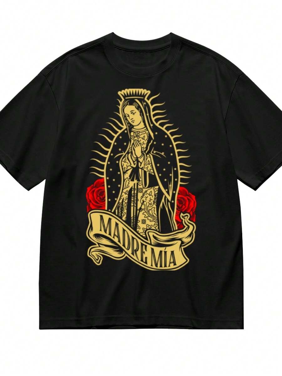 Our Lady Virgen De Guadalupe Virgin Mary Gracias (2) T-Shirt For Women Men Cotton Short Sleeve Crew Neck Graphic Top Tee - 黑色 - 查看 1