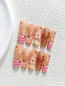 10pcs Korean Sweet Handmade Press-On Nails, Polygel Nail Art Set, Pink Five-Petal Flower, Stripes, Round Rhinestones, Pink Nail Polish, Minimalist Style, Includes Nail Tools, 3 Sizes Available, Almond/Duck/Coffin Shape, Suitable For Party, Dancing, Daily Wear - 彩色 - 查看 15