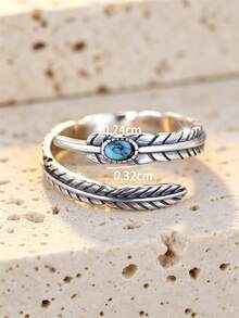 Vintage 925 Sterling Silver Oval Green Turquoise Feather Adjustable Ring, Gift For Her - Antique Silver - View 5