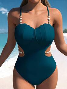 Bikini casual 2026, color sólido, copa concha, tirantes finos, cadena cintura, espalda descubierta con lazos ajustables.Ideal para playa, aguas termales y fiestas. - Cian oscuro - Ver 3