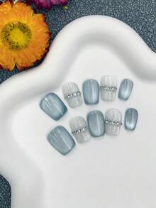 10pcs Short Square False Nails, Ice Blue Cat Eye & Silver Glitter Dual Color, Vertical Texture & Rhinestone Chain Trim, Minimalist Cold Elegant Style, 100% Handmade Press-On Acrylic Nails, Reusable, Includes Jelly Glue, Nail Tips & Nail File, Suitable For Women's Daily Wear - Multicolor - View 12