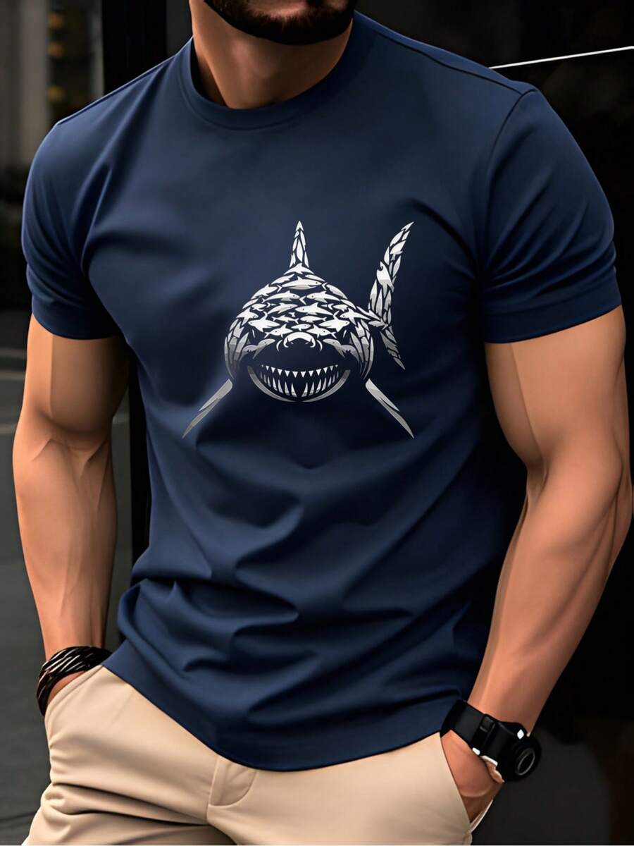 Men's T-Shirt, Men's Summer Sports T-Shirt, Micro-Stretch Knit Fabric, Printed T-Shirt, Regular Fit, Micro-Stretch Clothing, Graphic Print T-Shirt, Casual Style - 酒紅色 - 查看 1