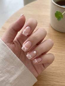 5pcs Square Acrylic Press-On Nails, Short/3D Bow, Pearl Flower, Rhinestone French Sweet Nails, Perfect Fit Acrylic Fake Nails, Suitable For Women's Autumn/Winter Daily Work, Study And Gatherings, Also Suitable For Parties, Holidays And Daily Use. - Multicolor - View 3