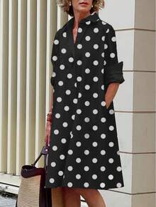 Simple Mid-Length Dress With Sleeves And A European And American Style Print. - 黑色 - 查看 2