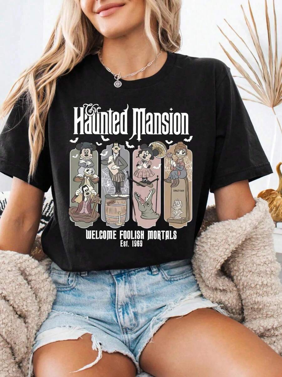 Oversized T-Shirt With Ghost Mansion Print, Round Neck, Basic Streetwear Casual Vintage Style Urban Rock Women's Clothing Summer Blouse - 黑色 - 查看 1