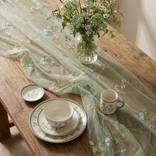 Juego de 3 piezas de camino de mesa transparente con bordado floral (29.5 X 71 pulgadas, verde salvia/champán/blanco), mantel de estilo granja con flores, adecuado para uso diario, vacaciones, bodas, hoteles, fiestas de cumpleaños, decoración del hogar, camping y picnic, todas las estaciones - Camino de mesa de tul bordado con flores silvestres - Ver 3
