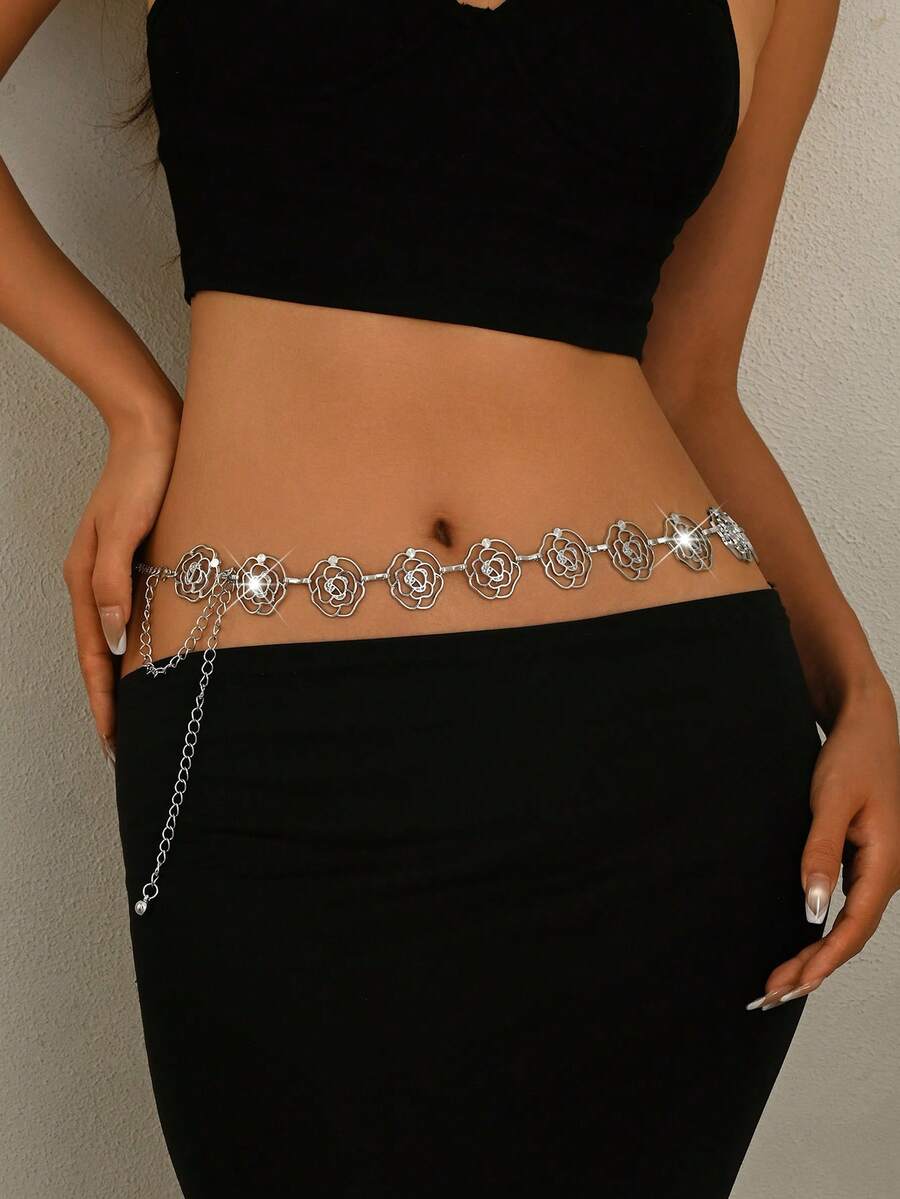 1pc Vintage Fashion Personalized Metal Flower Waist Chain, Bohemian High-End Multi-Functional Dress Belt, Suitable For Women In Any Occasion - Silver - View 1