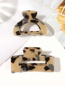2pcs Korean Style Leopard Print Acetate Semi-Circular Square Small Yellow Jelly Hair Claw Clips, Half-Up Bun Hair Styling Clips, Flyaway Hair Organizer, Back Of Head Shark Clips, Hair Sectioning Clips, Slouchy Styling Hair Accessories, Elegant Premium Texture, Casual Streetwear, Afternoon Tea Hair Accessories - Multicolor - View 4