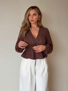 Blusa de manga larga con cuello en V profundo y lazo al frente, elegante para oficina, de unicolor - Azul marino - Ver 2