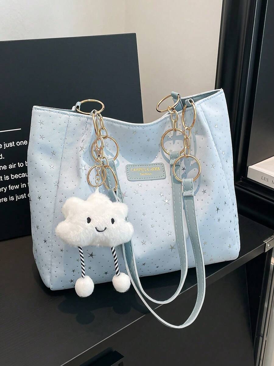 1 pieza Bolso de hombro con cremallera de gran capacidad con patrón de estrella y decoración de nube, de moda para uso diario de mujeres - Negro 2 - Ver 1